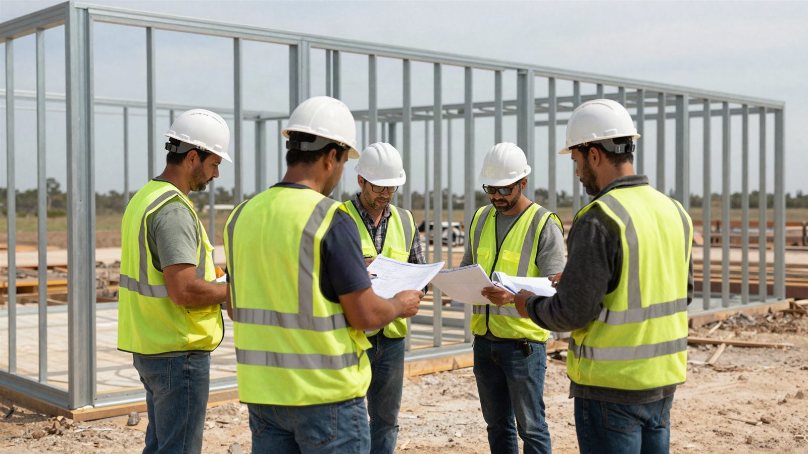 Steel Struxures crew reviewing plans in front of a steel house frame